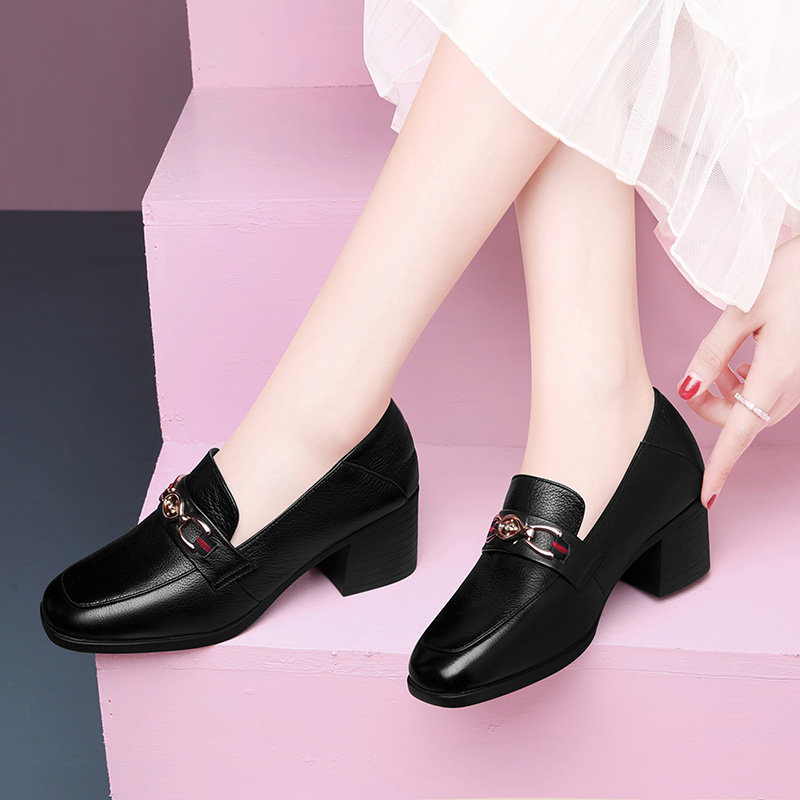 芳棋云轻奢定制单鞋女头层牛皮圆头粗跟小皮鞋女网红气质百搭休闲女鞋