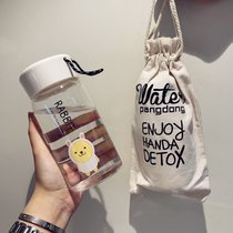韩版玻璃杯防烫女男学生可爱便携水杯子ins韩国创意个性网红茶杯(透明款（屁屁兔）+布袋)
