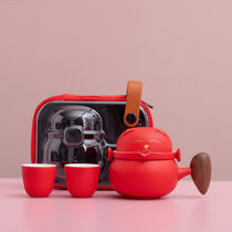 招Cai猫旅行茶具套装小套陶瓷快客杯便携式礼盒创意(红色 一壶两杯)