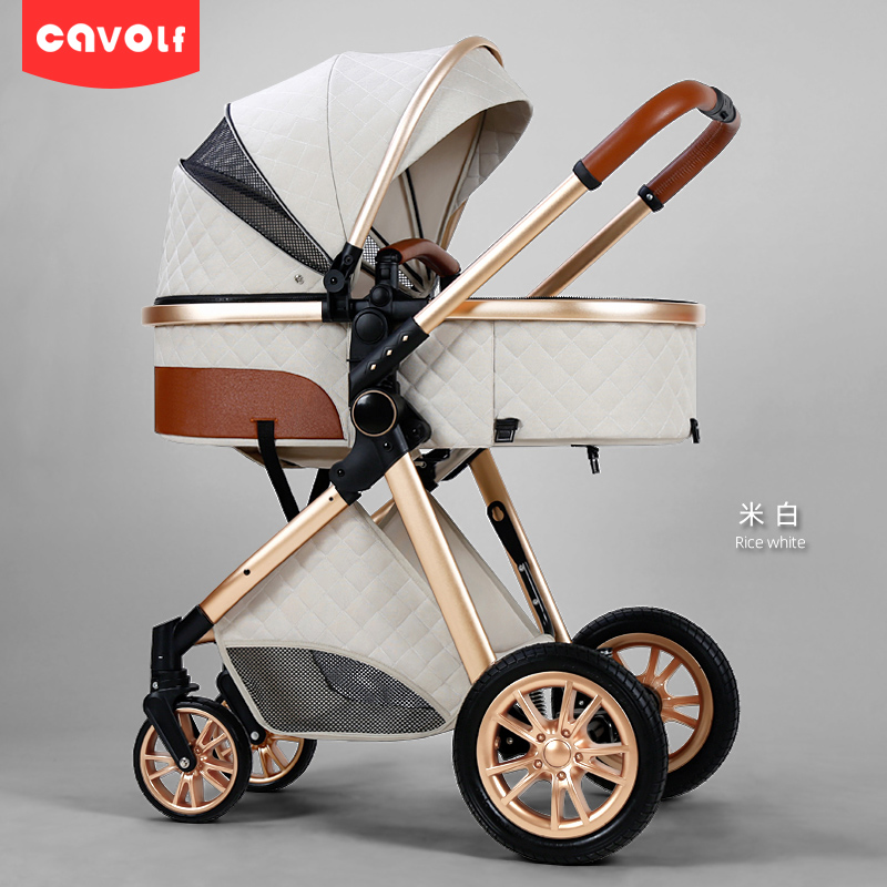 可坐可躺婴儿推车一键折叠方便携带轻便高景观减震双向新生儿童宝宝推车(米白色 尊贵款)