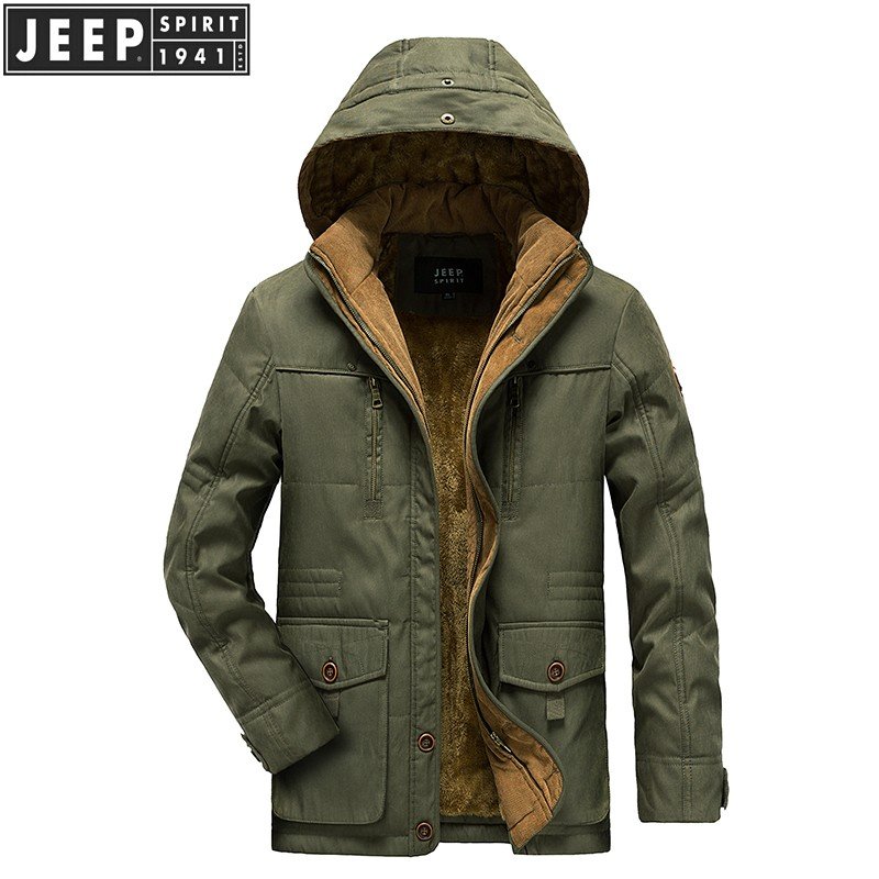 棉服男吉普jeep中长款加绒加厚棉衣男外套0224可脱卸帽男士棉服保暖