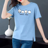 【灵薇雅】夏季韩系100%纯棉小熊猫卡通印花宽松圆领短袖T恤衫D7172(天蓝色 L)