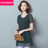 VEGININA  韩版大码宽松短袖雪纺衫女 9779(墨绿色 L)