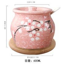 日式调料盒陶瓷装盐罐单个辣椒油罐猪油罐家用带盖调味罐放盐家用(600ML粉色+木垫（送小勺）)