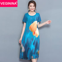 VEGININA 中国风复古印花连衣裙 3142(蓝色 XXL)