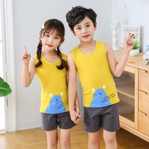 2020童装春夏季新款儿童套装背心男孩女孩童韩版卡通休闲背心套装(120cm BLM背心套黄色史莱姆)