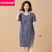 VEGININA 文艺亚麻棉麻绣花短袖宽松中长款连衣裙 D6017(图片色 XXL)