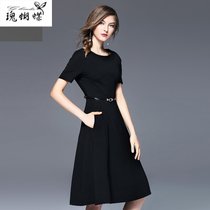 瑰蝴蝶女装新款2017连衣裙黑色气质修身收腰显瘦欧美大码小黑裙(黑色 XL)