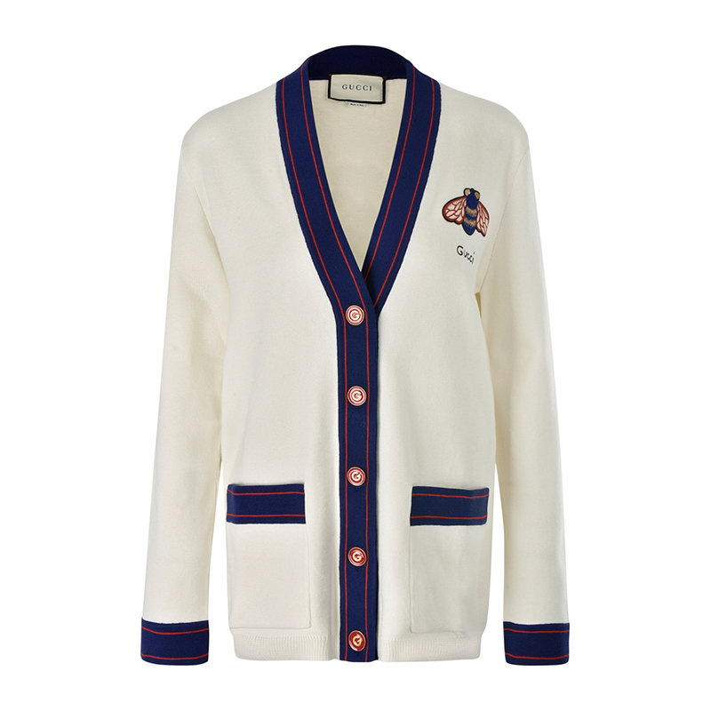 【gucci服饰图片】gucci淡黄色棉质经典蜜蜂logo长袖针织衫外套9x45
