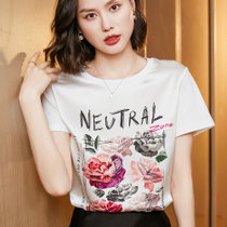奥伊米 女士夏装新款仿真丝缎面短袖t恤印花桑蚕丝半袖宽松显瘦打底上衣(白色 S)
