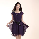 Mailljor 2014韩版复合丝大码圆领褶皱铅笔裙短款连衣裙女式裙 9843(紫色 L)
