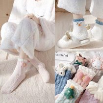袜子女珊瑚绒秋冬季中筒袜可爱毛绒加厚保暖居家地板袜睡眠月子袜(粉色 蓝色 绿色【3双】)