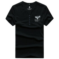 8825战地吉普AFSJEEP纯棉弹力短袖T恤衫 V领夏装薄款男士半袖polo(黑色 M)