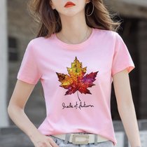 棉 T恤女夏季印花设计感体恤衫修身显瘦上衣韩版女装(字母彩色枫叶【粉色】 XL)