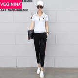 VEGININA 时尚立领短袖长裤两件套运动服 9846(白色 M)