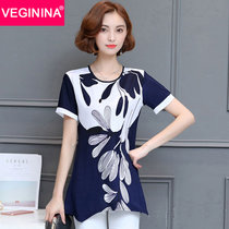 VEGININA 韩版修身中长款时尚印花短袖圆领雪纺衫女 9785(图片色 5XL)