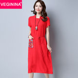 VEGININA 修身中长款新款立领刺绣连衣裙 3049(红色 L)