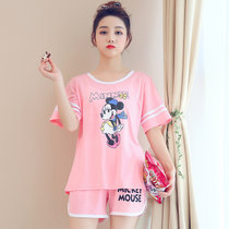 睡衣女夏短袖套装宽松韩版公主甜美清新可爱纯棉家居服套装两件套(粉色 XL)