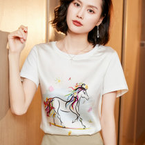 奥伊米 2022新款夏季真丝缎面短袖女装桑蚕丝韩版宽松百搭显瘦上衣T恤彩马印花(彩马白色 XL)