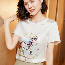 奥伊米 2022新款夏季真丝缎面短袖女装桑蚕丝韩版宽松百搭显瘦上衣T恤彩马印花(彩马白色 L)