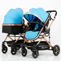 康乐宝双胞胎婴儿推车可坐躺可拆分高景观轻便折叠避震婴儿手推车(（蓝色+蓝色）土豪金铝管橡胶轮)