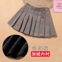 女童半身裙百褶裙秋冬2021新款儿童洋气格子百搭短裙女孩裙子冬季(百褶毛呢斜边扣裙-卡其色格子加绒 150cm(150cm))