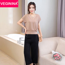 VEGININA 韩版休闲V领雪纺上衣阔腿裤套装两件套 9764(浅棕色 XXL)