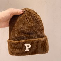 SUNTEKins克莱因蓝色针织帽子冷帽保暖百搭冬季P字母纯色男女加厚毛线帽(M（56-58cm） 咖色)