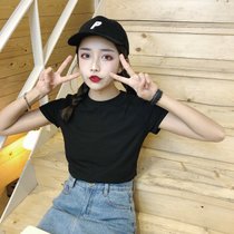 SUNTEK纯色短袖T恤女ins超火2022春季新款韩版网红泫雅打底衫白色上衣潮(均码 黑色)