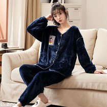 新款 秋冬季女士睡衣甜美长袖开衫毛绒卡通动漫套装家居服(藏青 XL)