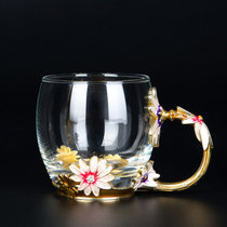 欧式奢华珐琅彩水杯子女家用盖水晶玻璃杯珐琅杯花茶杯咖啡杯套装(矮杯+杯垫+布-无礼盒 默认版本)
