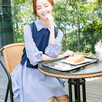 Mistletoe2017秋季新款韩版女装两件套连衣裙女长袖条纹马甲套裙(蓝色 XL)
