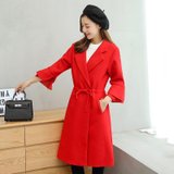 娇维安 2017秋冬季韩版新款大衣 修身显瘦中长款荷叶边外套 女(红色 S)