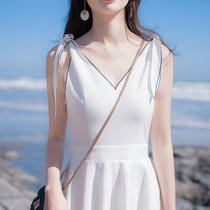 2018夏季新款韩版女装修身显瘦无袖V领时尚气质系带连衣裙夏裙子(白色)(L)