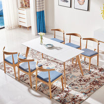 香河家具 餐桌 餐桌餐椅套装 北欧简约方形可伸缩实木餐桌(白色 1桌6椅(蓝色餐椅))