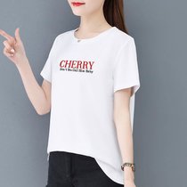 夏季薄款圆领短袖T恤女装年宽松时尚印花体恤衫百搭上衣(白色 L 建议105-114斤)