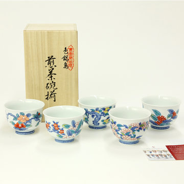 日本直采 其泉KISEN有田烧赏美堂其泉锅岛五种彩色图案茶杯（5个套装）