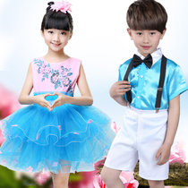 六一儿童演出服女童公主裙蓬蓬裙女孩舞蹈小学生跳舞合唱表演服装(花艺蓝纱裙女童)(150cm)