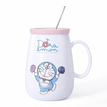 哆啦A梦卡通造型情侣带盖带勺子陶瓷马克杯粉色糖果款