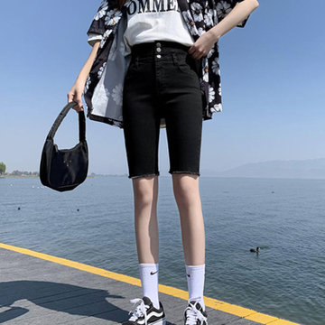 标菱高腰网红骑行裤显瘦弹力牛仔五分裤女天蓝色30