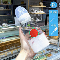 韩版可爱成人奶瓶水杯韩国创意个性玻璃杯女学生便携卡通牛奶杯子(三个草莓兔 单杯+杯刷+吸管刷)