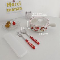 韩版ins风可爱卡通大号泡面碗带盖学生宿舍大容量陶瓷餐具手柄碗(不二家碗加深款+PVC盖+ 勺叉套装)