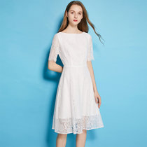 法式蕾丝白色连衣裙女收腰显瘦2021春夏新款赫本风一字领气质(白色 XXXL)