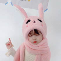 会动的兔耳朵帽子儿童围巾一体秋冬季女童可爱男童2021宝宝保暖帽(5-9岁+一捏耳朵会动 仿兔绒-浅粉色)