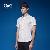 G&G男装新品夏季薄款印花男士短袖衬衫男修身小领商务衬衣男衬衫(白色 S)