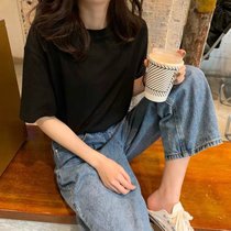 SUNTEK白色t恤女短袖2022年春夏新款韩版宽松简约体恤打底衫女内搭上衣(XL （110-120斤） 黑色)