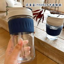 韩国ins风吸管玻璃水杯女高颜值带吸管创意冷萃网红牛奶咖啡杯子(双饮大号550ML-青花蓝+卡通贴纸)