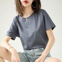 SUNTEK新疆棉短袖t恤女春夏2021新款韩版宽松圆领内搭纯色男女上衣(M 蓝灰色)