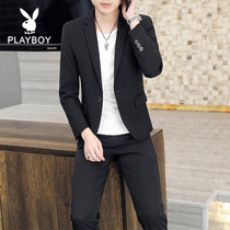 西服套装男士青年两件套纯色薄款西装外套韩版潮流成熟发型师一套  KLGG2201衣服+裤子(PB-KLGG2201衣服 裤子黑色 2XL)