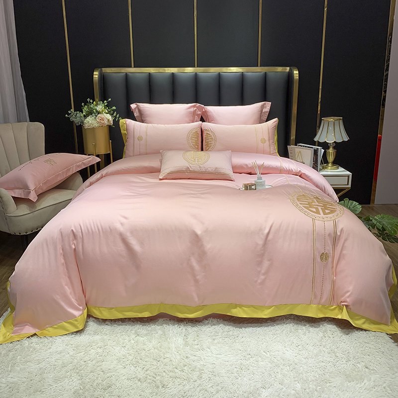 婚庆刺绣四件套全棉纯棉100轻奢被套粉色结婚龙凤床笠式床上用品4(双